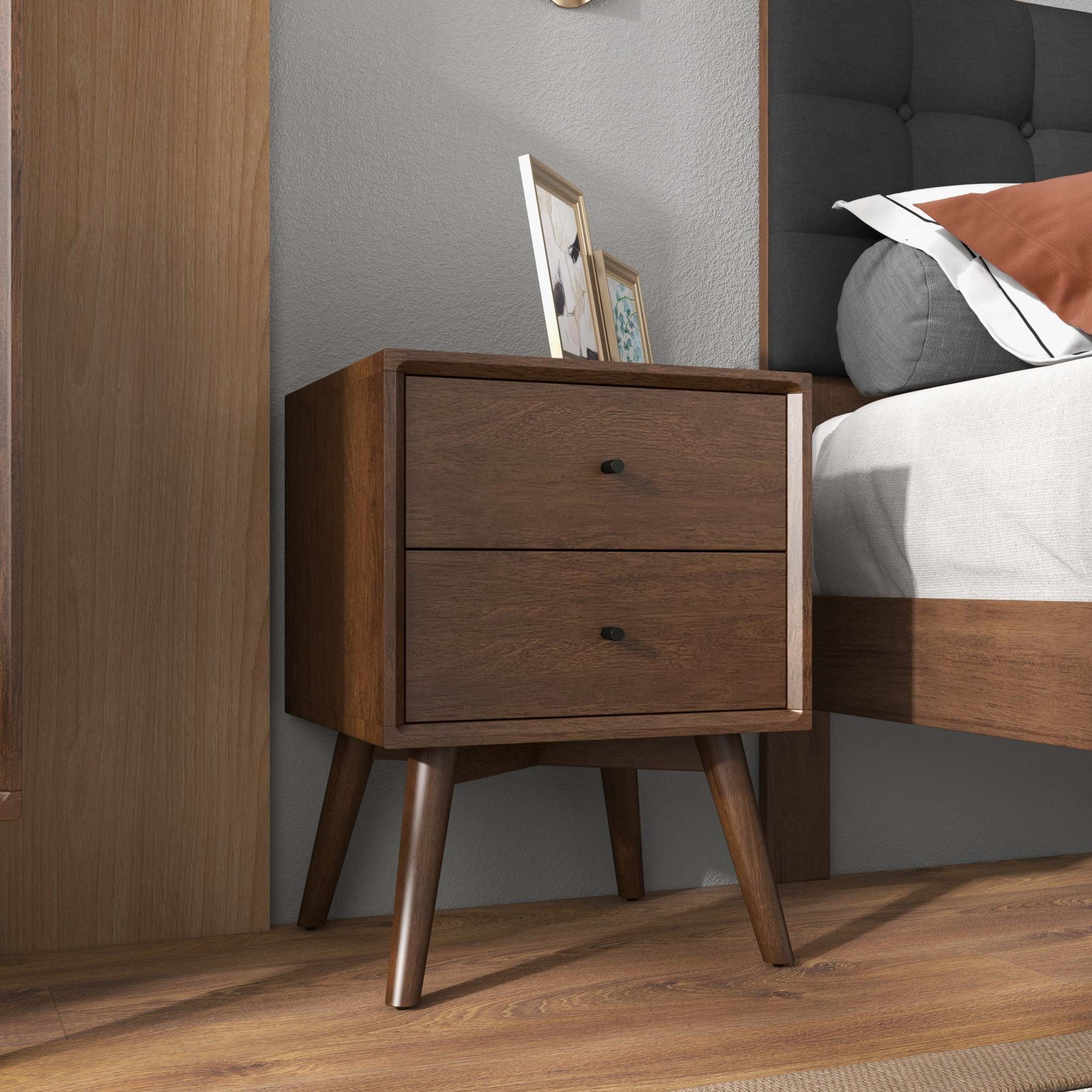 Noble House Caroline Mid-Century Modern Beveled Nightstand, Solid Walnut Wood Frame with 2 Drawers, Dark Brown