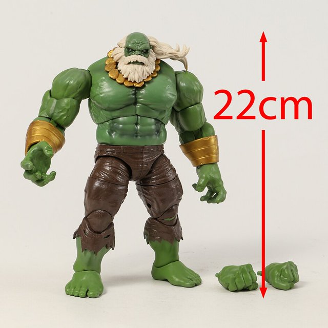 marvel el hulk gris/rojo 8" figura de acción conjunta modelo móvil juguete brinquedos gao jinjia led Hulk de aproximadamente 21 cm, vista frontal 3/4; torso musculoso verde con barba blanca y collar dorado, pantalones marrón rasgados, brazaletes dorados y manos intercambiables junto a la figura sobre fondo neutro. Suele usarse como figura de exhibición.