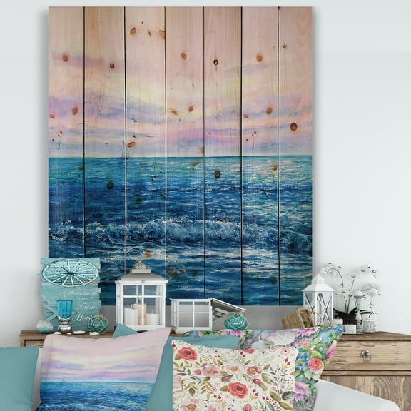Designart 'Sunrise Glow On The Ocean Waves II' Nautical & Coastal Print on Natural Pine Wood