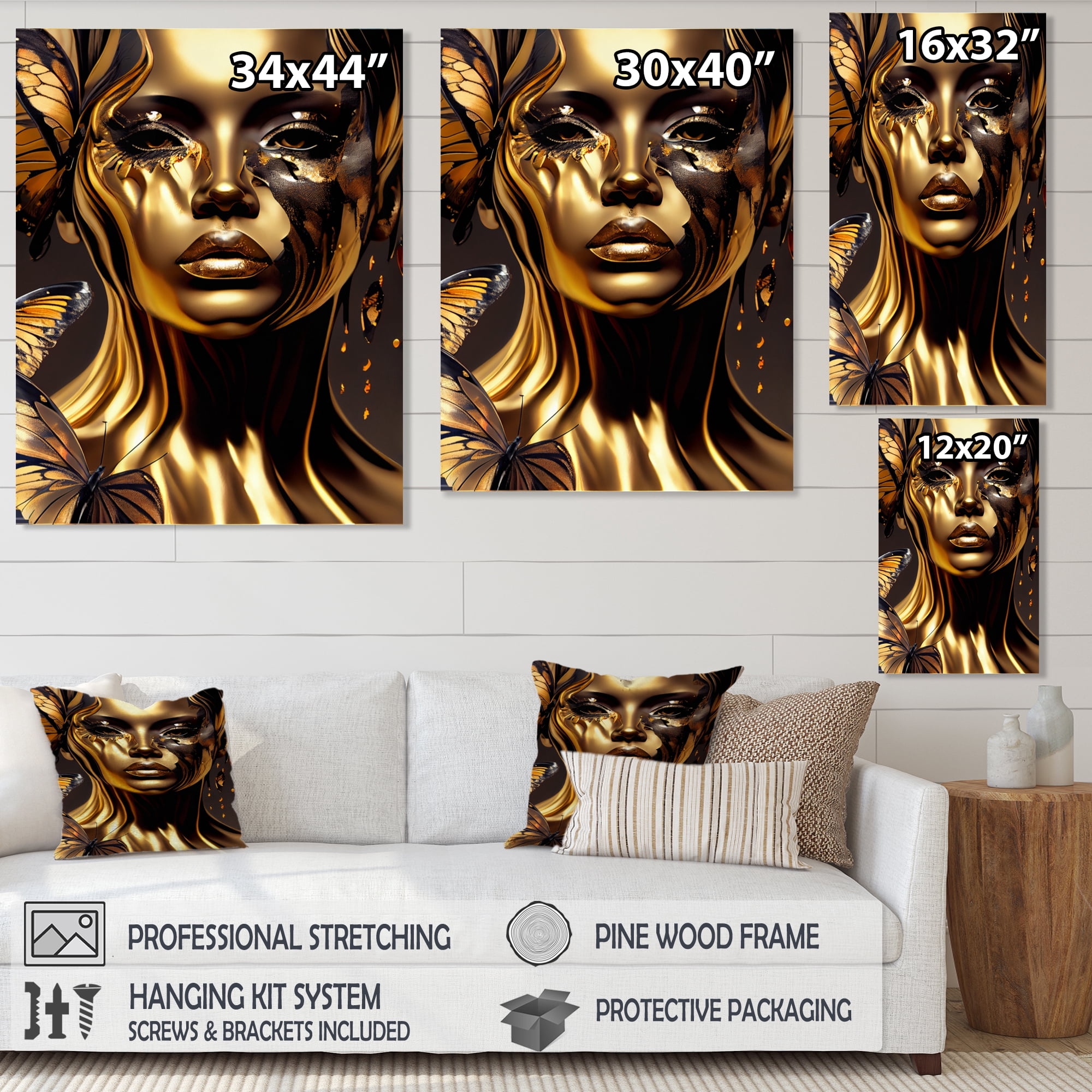 Designart Woman With Black And Gold Butterflies I Canvas Wall Art