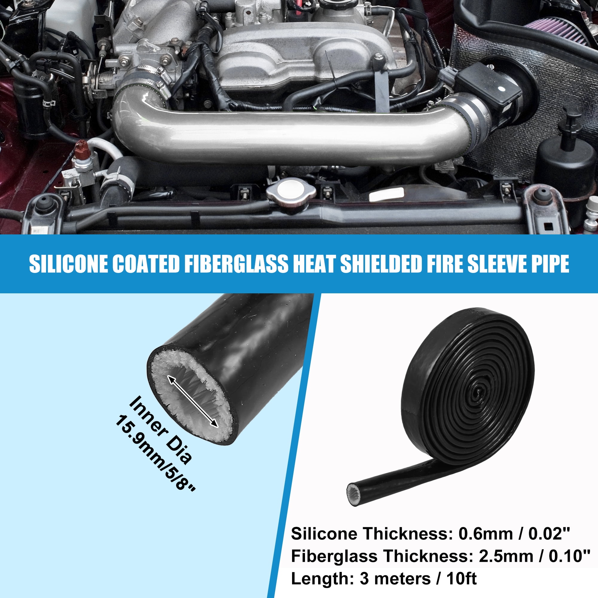5/8" IDx10FT Heat Shielded Fire Sleeve Silicone Coated Fiberglass Tape for Automotive Hose Lines Wires Electrical Wiring