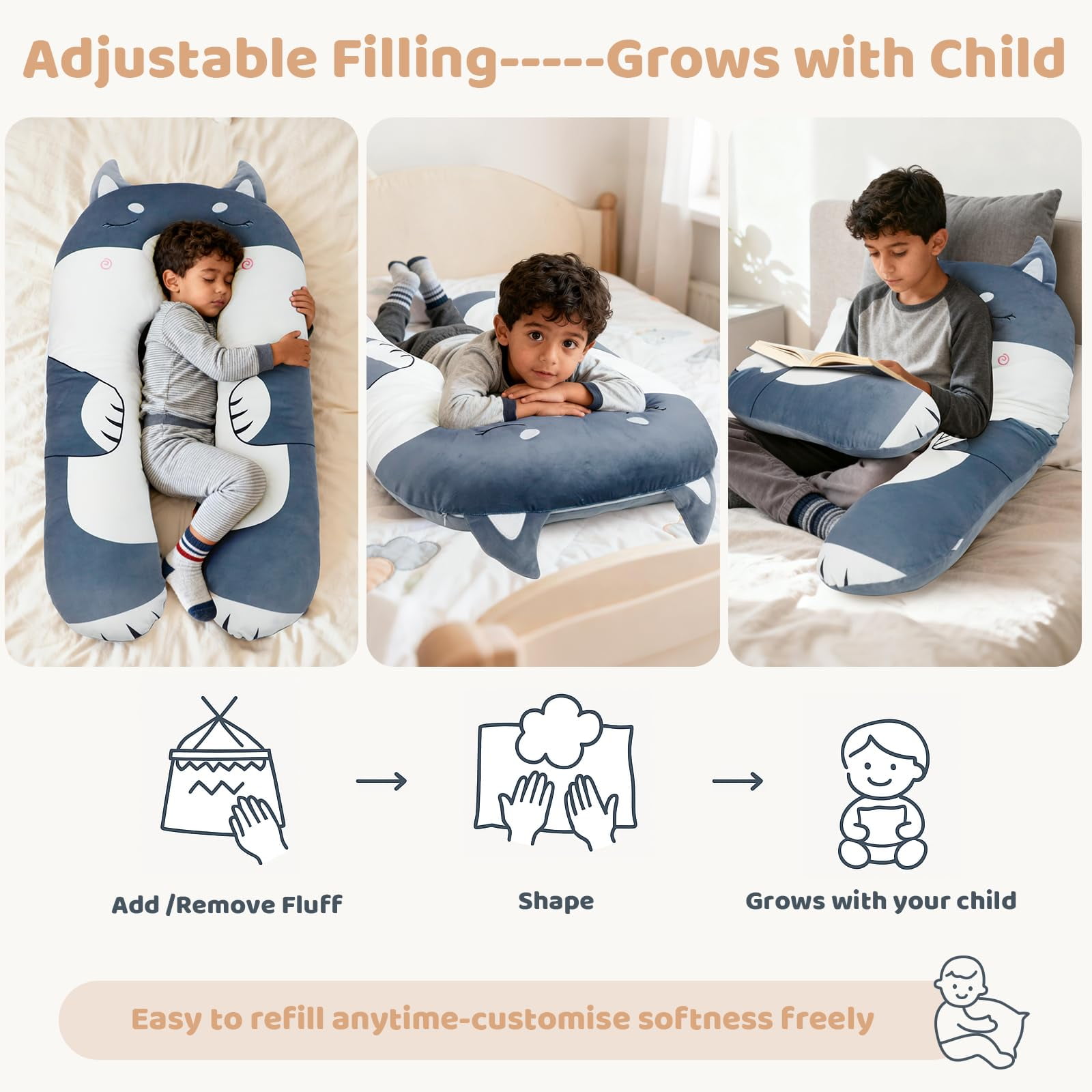 IFOYO 43" U Shaped Kids Full Body Pillow, Minky Cuddle Pillow for Sleeping ADHD Sensory Relief, Washable Cover for Boys Girls