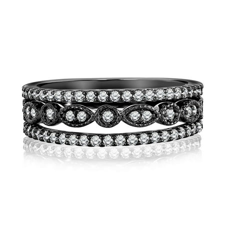 JeenMata Harmonizing Wedding Band Trio Set for Women in 18K Black Gold over Silver