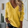 thumbnail image 2 of Htigea Women's V-Neck Long Sleeve Sweater Solid Knit Jumper Casual Loose Fit Pullover Tops Fall Trendy Knitwear Yellow XXL, 2 of 6