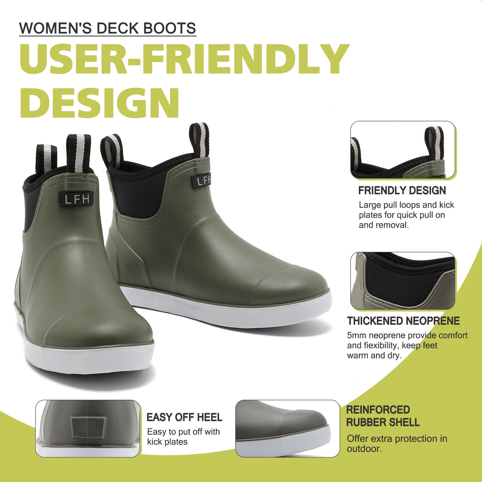 Lcamaw Women's Deck Boots, Waterproof Ankle Rain Boots with Anti-Slip Traction, Rubber Garden & Fishing Boots for Boating, Camping, Farming & Outdoor Work