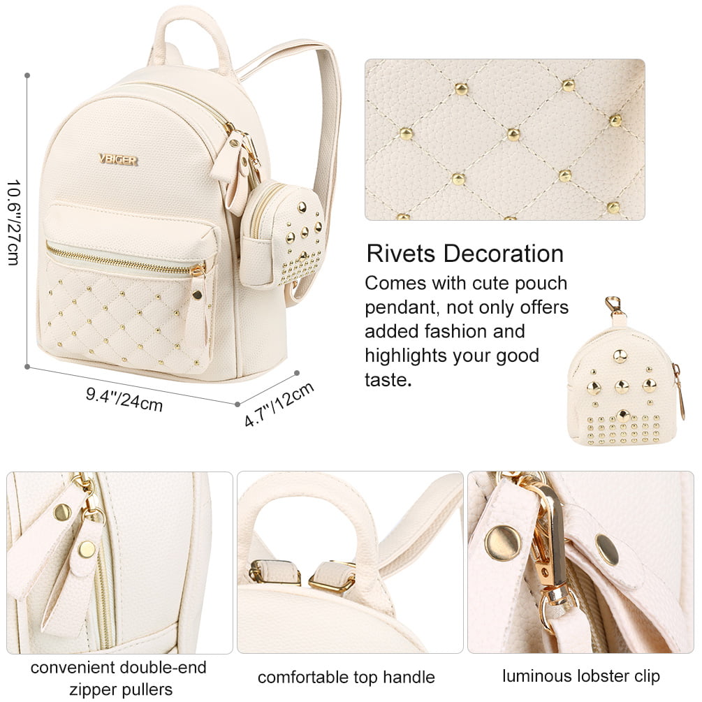 Women's Backpack 2-pieces Fashion PU Leather Shoulder Bags Fashion Ladies  Travel Bookbag, School Bags Portable Daypack with Hanging Pouch, Beige 