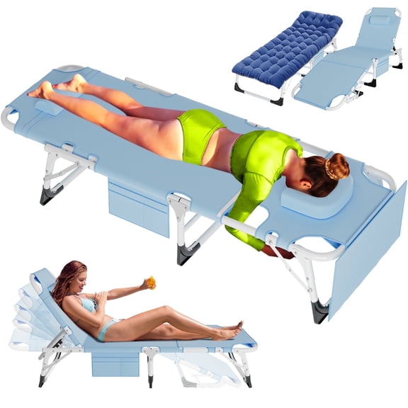 Slsy Folding Camping Cot Bed with 2 Sided Cushion & Pillow, Oversized Face Down Tanning Chair with Face Arm Hole, Adjustable 5-Position Folding Lounge Chair, Folding Beach Chair