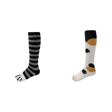 2-Pack Winter Coral Velvet Stocking Knee High Socks Cat Stripe Pattern Knee High Stocking Classic Stocking Sheer Lace Lingerie Medias for Women Glow in The Dark Fishnets Stockings Skeleton Sicks