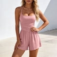 thumbnail image 4 of Women's Sleeveless Double Strap Ruched Waist Romper for Spring Summer Solid Color Stretchy Wide Leg Casual Short Jumpsuit Daily Vacation Relaxed Wear, 4 of 5