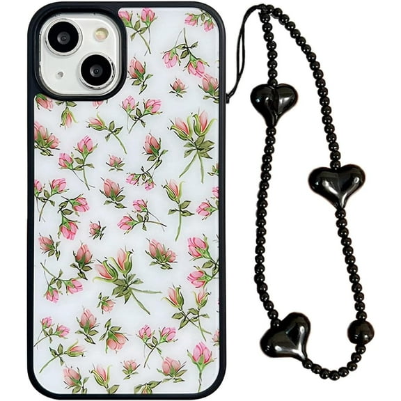 Pink Rose Flower Trendy Case with Black Heart Wrist Chain for iPhone 12/12 Pro,Cute Retro Floral Aesthetic INS Design Girly Protective Glossy Cover   Hearts Phone Charm(i12/12pro 6.1in)