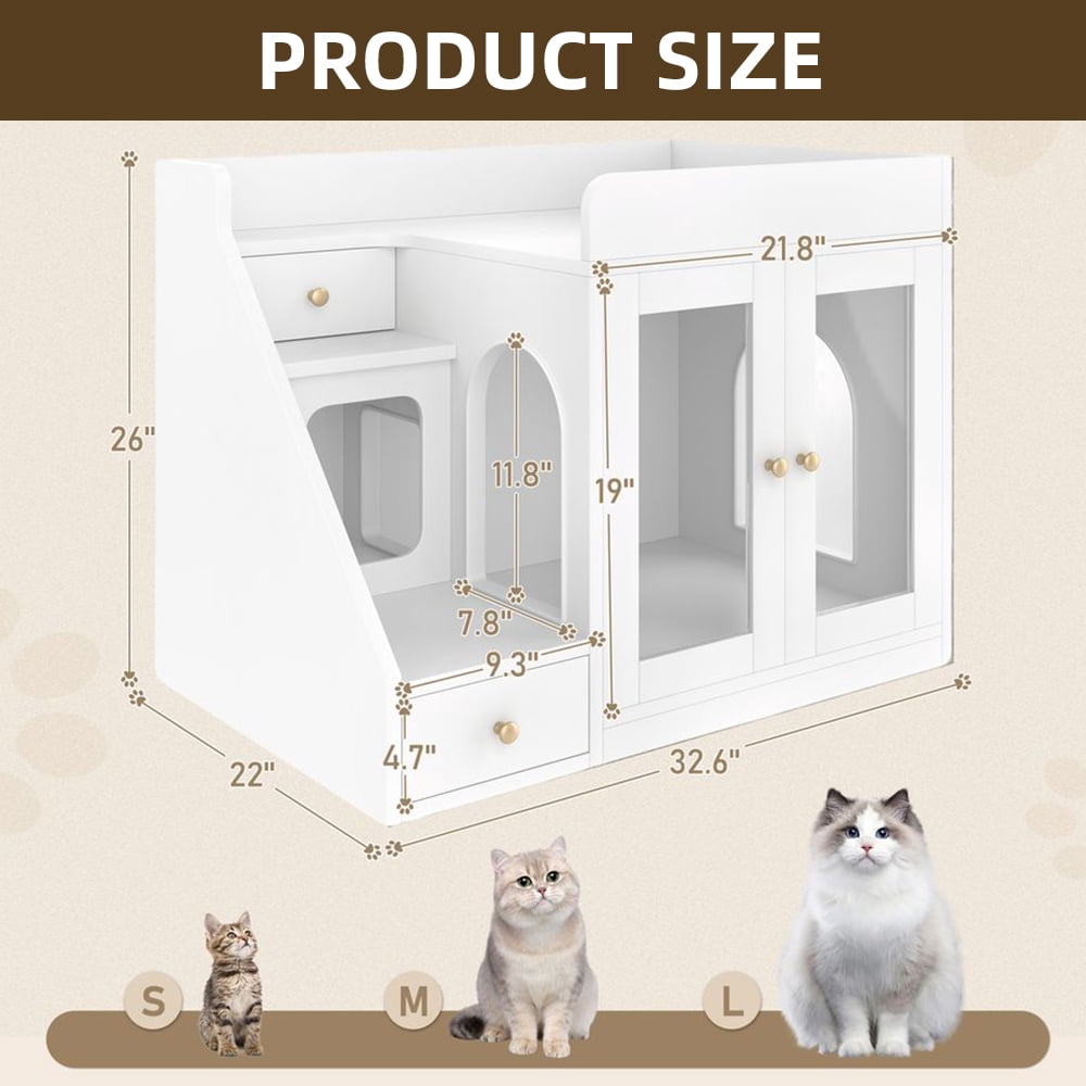 LUMAMIN Cat Litter Box Enclosure with Light, Hidden Litter Box Enclosure Furniture with 2 Drawers, Indoor Cat House Washroom End Table for Cats, White