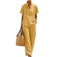 thumbnail image 2 of Linen Sets for Women 2 Piece Summer Casual Short Sleeve V Neck Button down Shirts Matching Loose Wide Leg Pants, 2XL, 2 of 8