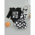 thumbnail image 2 of Qiylii 3 Pieces Baby Girls Outfits Set, Letter Ghost Print O-Neck Long Sleeve Romper + Suspender Culottes+ Headband, 0-24 Months, 2 of 9