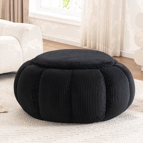 Hobooment 34" Oversized Round Ottoman Plush Upholstered Cocktail Ottoman Versatile Coffee Table & Foot Rest Combo Soft Faux Fur, for Living Room Bedroom, Black