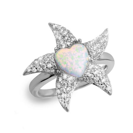 Heart White Simulated Opal Center Cubic Zirconia Pave Starfish Ring Sterling Silver Size 5