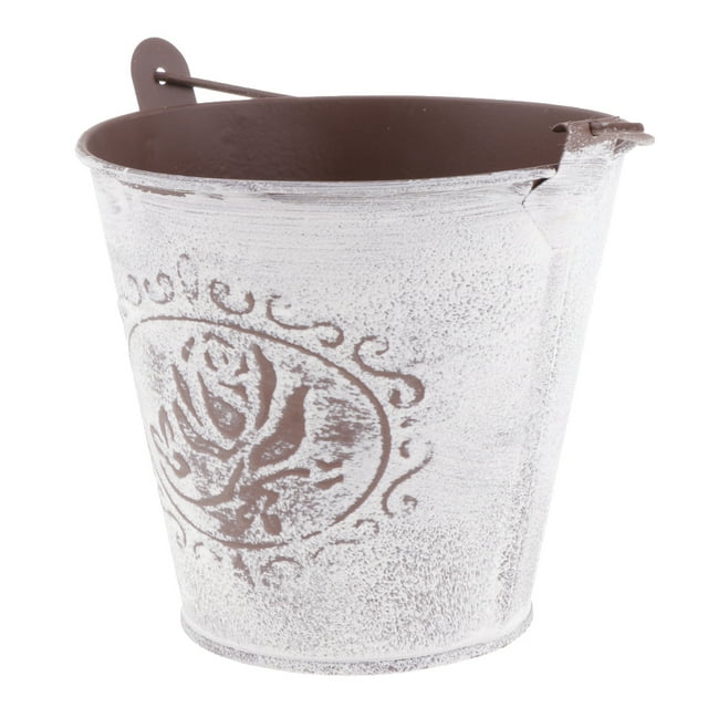 de metal , maceta, maceta, maceta, regadera para jardín, jardín, decoración, manualidades maceta de hierro pequeña estilo vintage con acabado blanco desgastado y motivo floral estampado; 13 cm de diámetro abierto, 11.7 cm de alto, asa de hierro para colgar o poner en alféizar, adecuada como maceta decorativa.