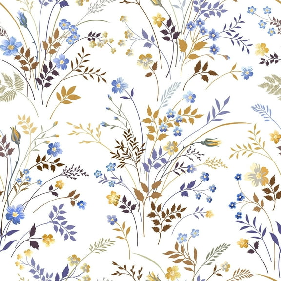 VEELIKE Floral Peel and Stick Wallpaper Blue Gold Wildflowers Floral Wallpaper for Bedroom 17.7"x118" Vintage Floral Contact Paper Self Adhesive Removable Wallpaper for Walls Cabinets Shelf Liners