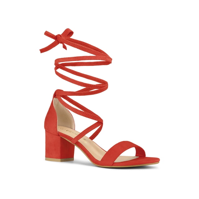 BLISSFUL STEP Women's Open Toe Lace up Sandals Mid Block Heels Sandals Orange 7.5