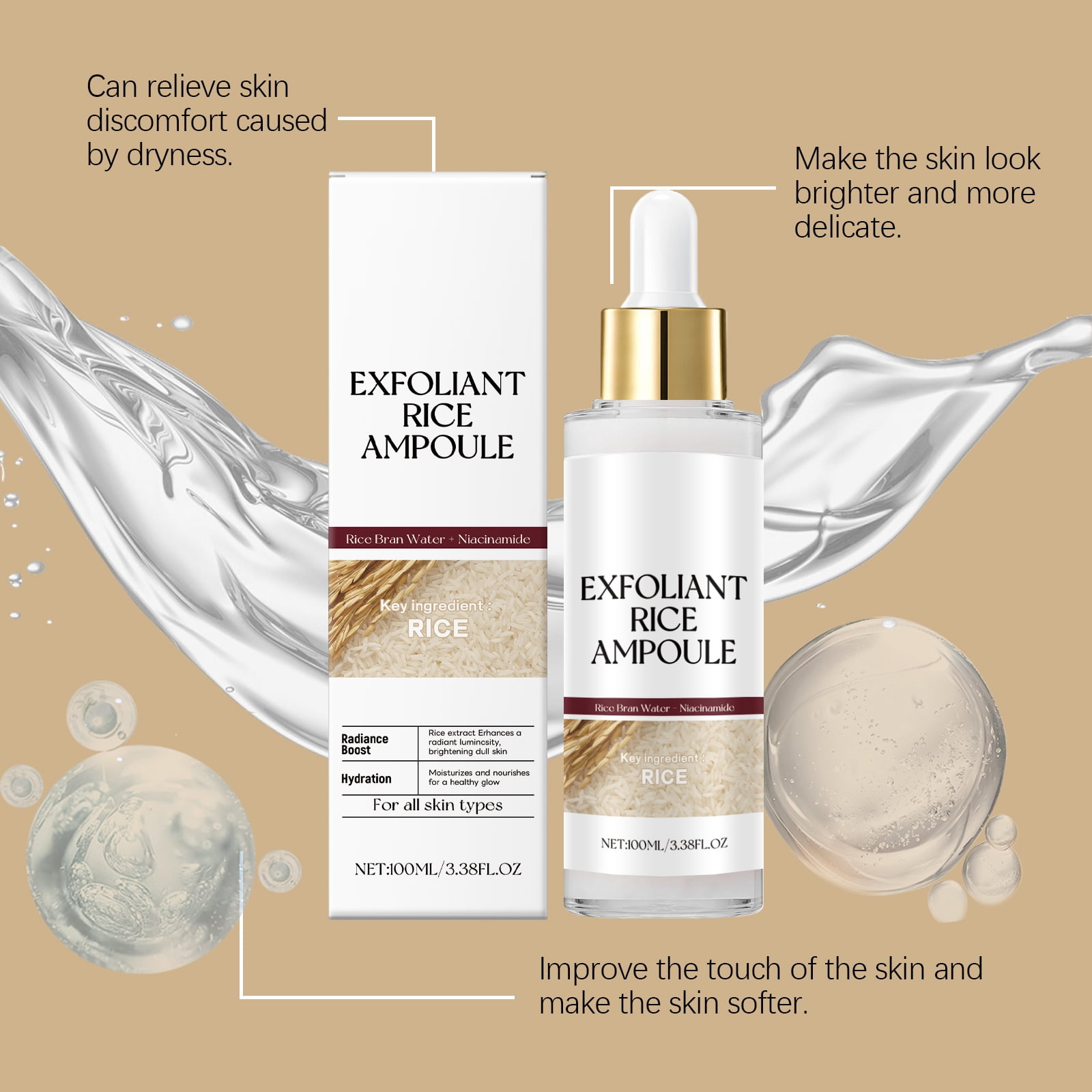 Alvantor Face Exfoliator, Rice Peeling Ampoule with Rice Extract Niacinamide & Hyaluronic Acid, 3.38fl.oz