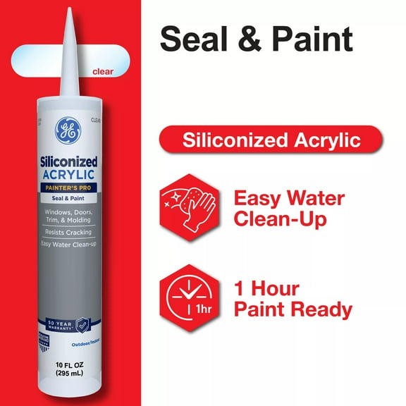 GE Siliconized Acrylic Painters Pro Sealant Seal & Paint, Pack of 1, Clear 10 fl oz Cartridge