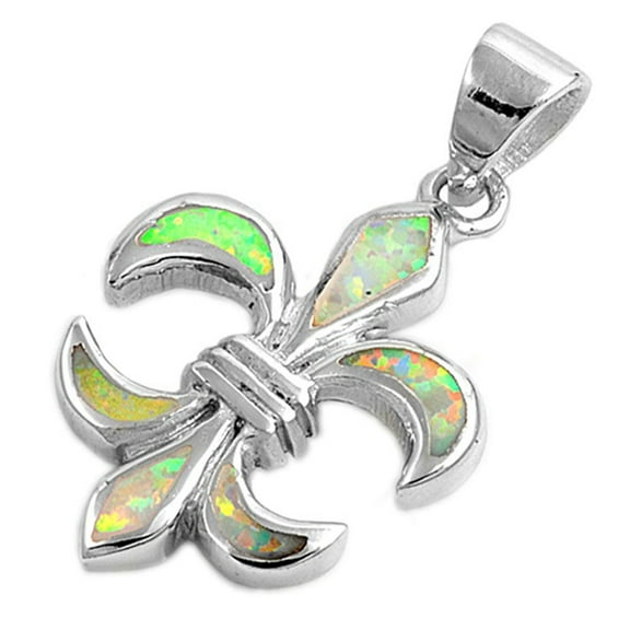 French Fleur De Lis Pendant White Simulated Opal .925 Sterling Silver Lily Charm Jewelry Female
