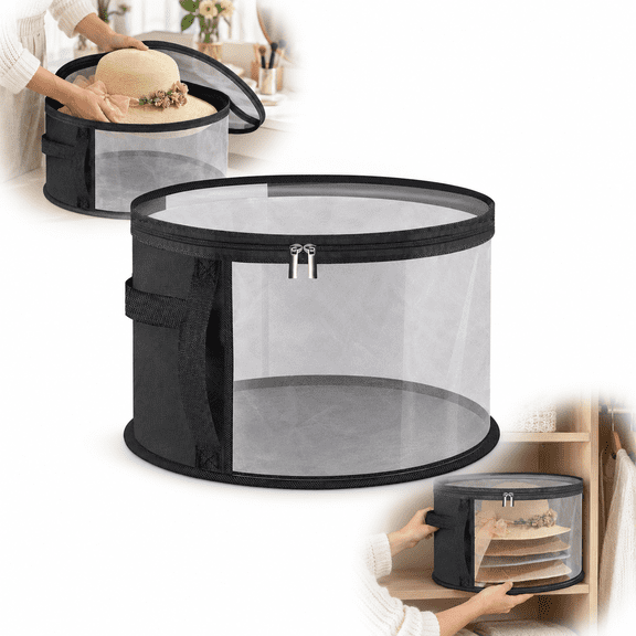 Wide Brim Hat Storage Box, 16.5 Inch Round Foldable Hat Organizer with Zippered Lid and Carry Handles, Breathable Closet Storage Container for Sun Hats, Beach Hats and Cowboy Hats, Black