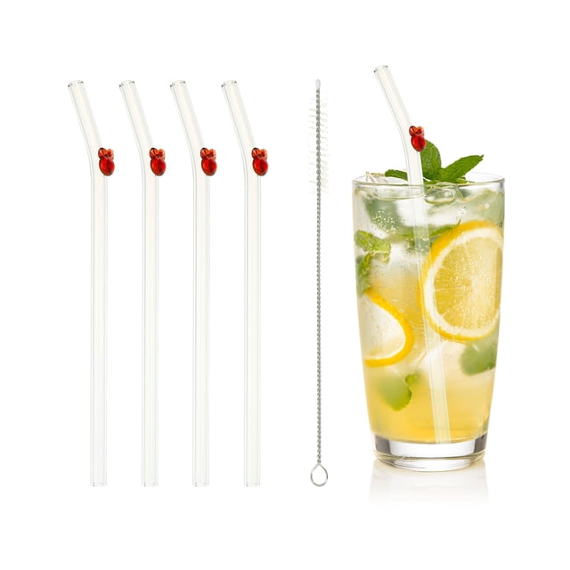 Uxcell 4 Pcs Pajillas de Vidrio Reutilizables, 7.87" Pajilla de Vidrio con Conejos Resistente a los Golpes, Pajillas Lindas para Whisky, Café, Jugo, Refrescos, Té, Rojo
