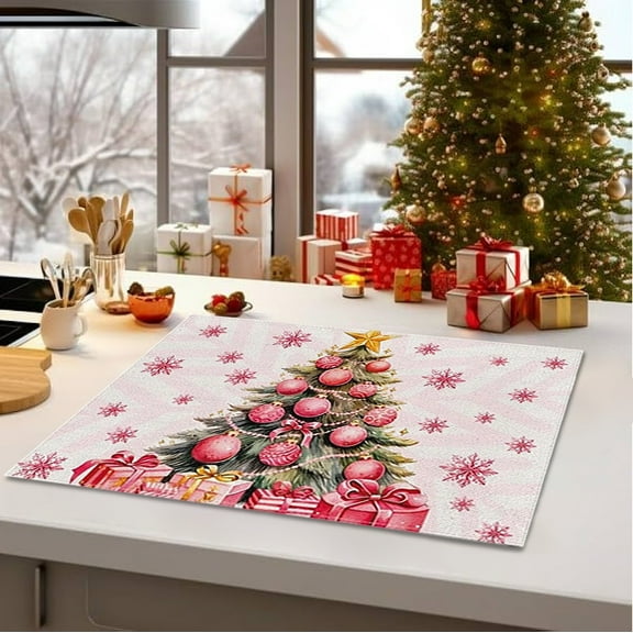 Seyotauo Pink Christmas Placemats Pink Xmas Trees Snowman Merry Christmas Placemats Washable Winter Table Mats for Farmhouse Kitchen Dining Xmas Holiday Party Decoration 12 x 20 Inch