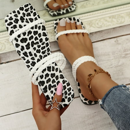 

〖Yilirongyumm〗 White 38 Slippers For Women Shoes Leopard Womens Toe Flat Ladies Slippers Summer Printed Squared Women s Slipper