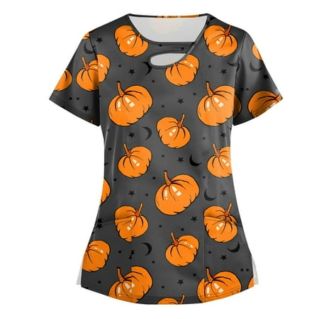 

LTTVQM Fall Scrub Tops Women Halloween Cute Pumpkin Face Print Stretch Scrubs Tops Nursing Uniforms Workwear Scrub Top with Pockets Orange XXXL