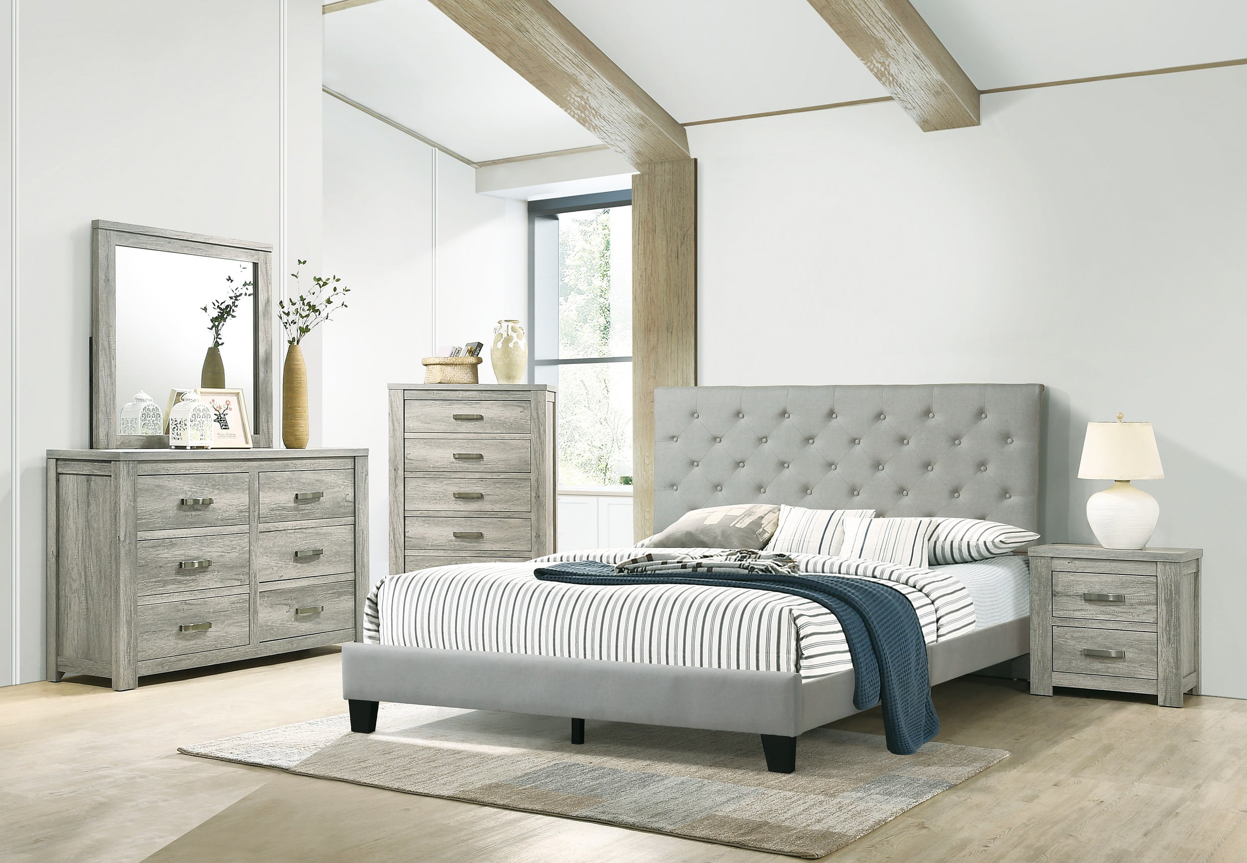 Full Size Bed Dresser Mirror Nightstand 4pc Set Gray Color Bedroom