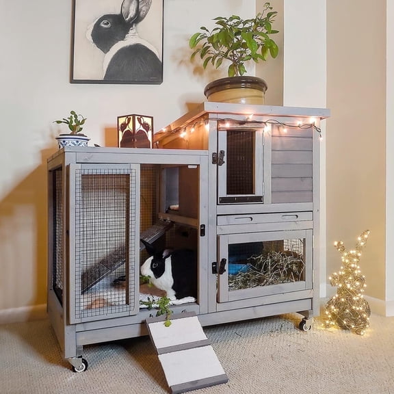 Aivituvin Wooden Bunny Hutch Indoor& Outdoor Rabbit Hutch Guinea Pig Cage for Small Animals with Trays (Grey)