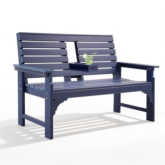 NOICOI HDPE Outdoor Bench 2-Person Garden Bench with Cup Holders Backrest and Armrests, Patio Park Bench for Front Porch Backyard Park Blue