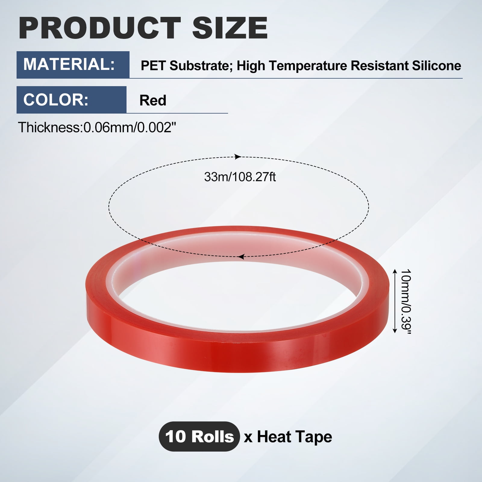 10 Rolls Heat Tape, 10mm x 33(108FT) No Residue High-Temperature Resistant Tape Heat Transfer Tape for Sublimation Electronics 3D Printing Soldering, Red