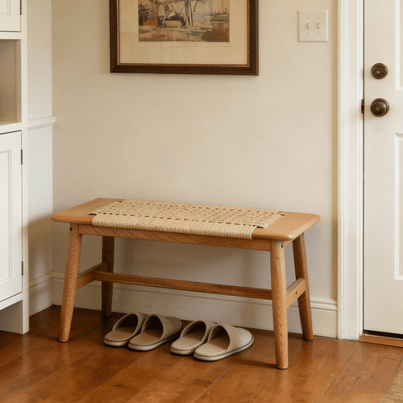 Entryway Rattan Bench, 11.8" D x 31.5" W x 15.98" H Oak Skinny Bench with Hand-Woven Rope Top Design, Sturdy Structure for Kitchen Dining Room,Entry or End of Bed(Oak Natural)
