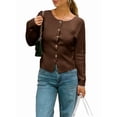 thumbnail image 3 of Women's Crewneck Long Sleeve Button Down Knit Cardigan Sweater  Brown M, 3 of 7