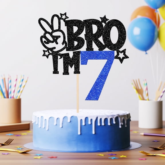1 PCS Brother I'm 7 Cake Topper Glitter Star Happy 7th Birthday Cake Pick Bro I'm 7 Cake Decoration It's My 7th Birthday Decorations for Boys Cheers to 7 Years Old Birthday Party Supplies Blue