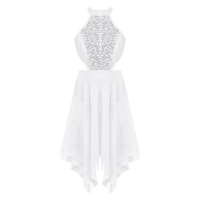 Xnihocha Robe de Danse Latine Moderne pour Filles, Sequins, Dos Creux, Robe de Danse avec Jupe Irrégulière, Blanc 16