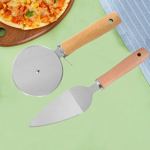 Stainless Steel Roller Pizza Cutter And Spatula Set Of Two Wooden Handle Round Wheel Mesquite Pizza Cutter Pizza Spatula Baking Tool Set