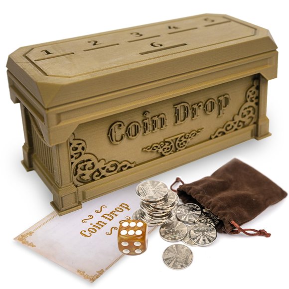 Juego Coin Drop, juego de un centavo con 30 monedas de metal, elegante caja de juego, 1 dado y 1 especificación. Un divertido juego de mesa clásico.