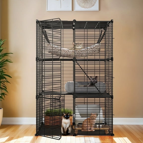 ModFusion 41" 3 Tier Cat Enclosure Metal Catio Cage with Hammock Removable Tray for Cats Ferrets Chinchillas