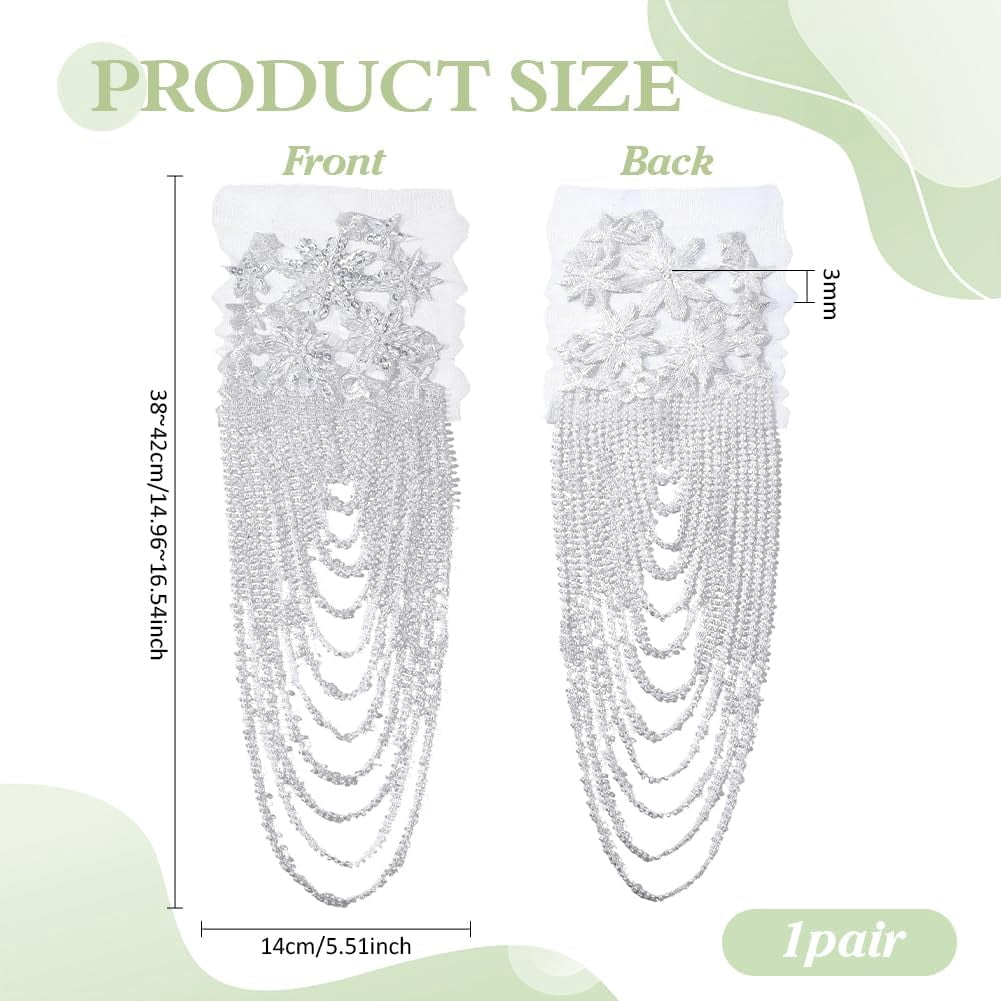 ABPETE 1 Pair Handmade 3D Flower Rhinestone Applique 14.96~16.54inch Long Goldenrod Sewing Crystal Fringe Beads Sequins Patches Embroidery Beaded Epaulettes for Evening Gown Wedding Dress Decor
