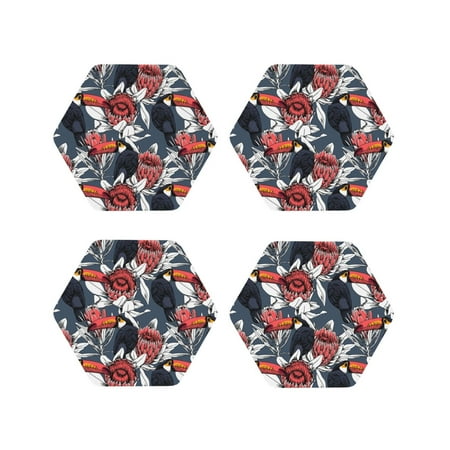 

Drink Coasters Set of 4 Cartoon Cute Toucan Bird Flower Leather Coasters for Coffee Table Protector Heat Resistant Cute Coasters for Home Decor Housewarming Gifts Bar Kitchen 4 Inch Hexagon