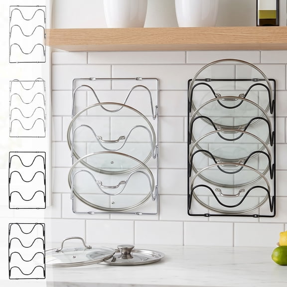 Wall Mount Pot Lid Organizer Rack|Metal Kitchen Cabinet Door Lid Holder for Pots and Pans Storage|Wall Hanging Pan Cover Rack for Kitchen Organization|1 Pack Set with Adhesive Tape Installation