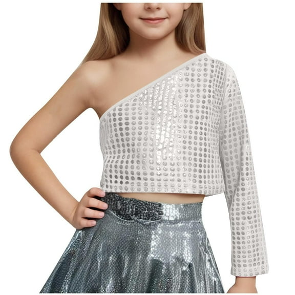 Diufon Girls Sparkly Tops Trendy Single Shoulder Plaid Glitter Party Crop Tops Performance Dance Shirt for Teen