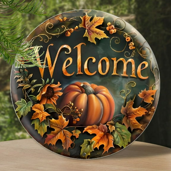 Classic Round Aluminum Welcome Sign - 1pc 8x8 inch 2D Flat Printed Pumpkins and Autumn Leaves Wreath Sign - Waterproof, Pre-drilled, No Feathers, No Electricity Needed - Home, Cafe