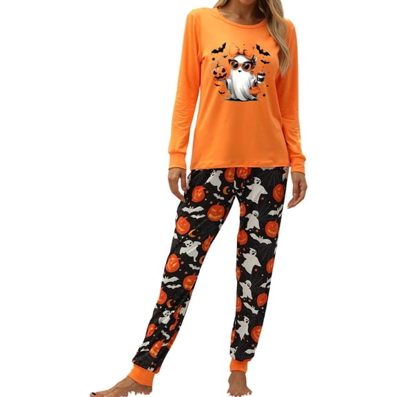 Halloween Women's Pajamas Set Cute Ghost with Sunglasses Bow Pumpkin Bat Graphic Print Sleepwear Set Long Sleeve Crew Neck Tops Soft Loungewear Set