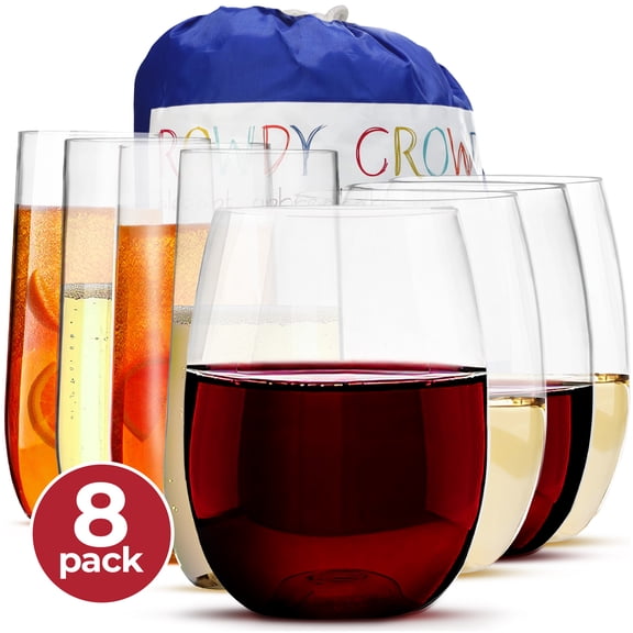 Rowdy Crowd Elegant Unbreakable Tritan Plastic Drinkware Set of 8 - Wine Tumblers & Champagne Flutes, Shatterproof BPA-Free Dishwasher Safe