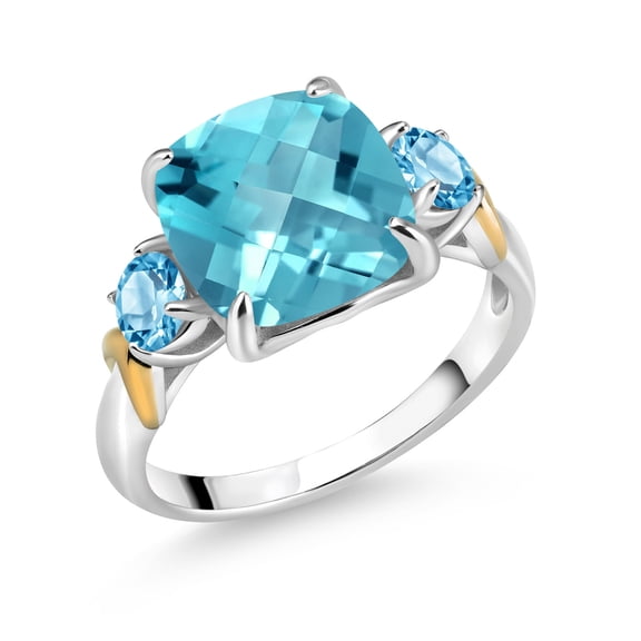 Gem Stone King 925 Silver and 10K Yellow Gold Swiss Blue Topaz 3 Stone Ring for Women (4.76 Cttw, Gemstone November Birthstone, Cushion Checkerboard 10MM, Round 4MM, Size 8)