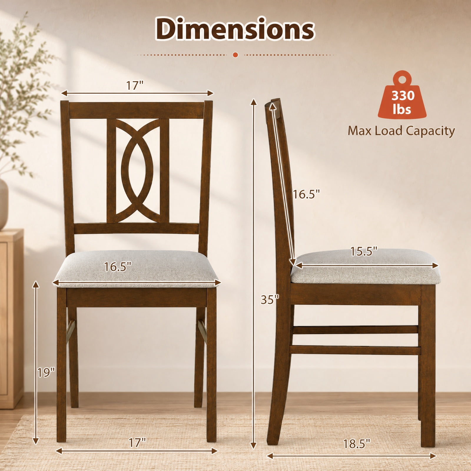 Furnibear Wooden Dining Chairs Set of 2 Rubber Wood Dining Room Chairs with Hollowed Backrest and Padded Faux Linen Seat, Walnut